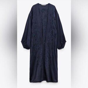 Zara Steel Blue Floral Embroidered Satin Balloon Sleeve Kimono Duster SZ M/L